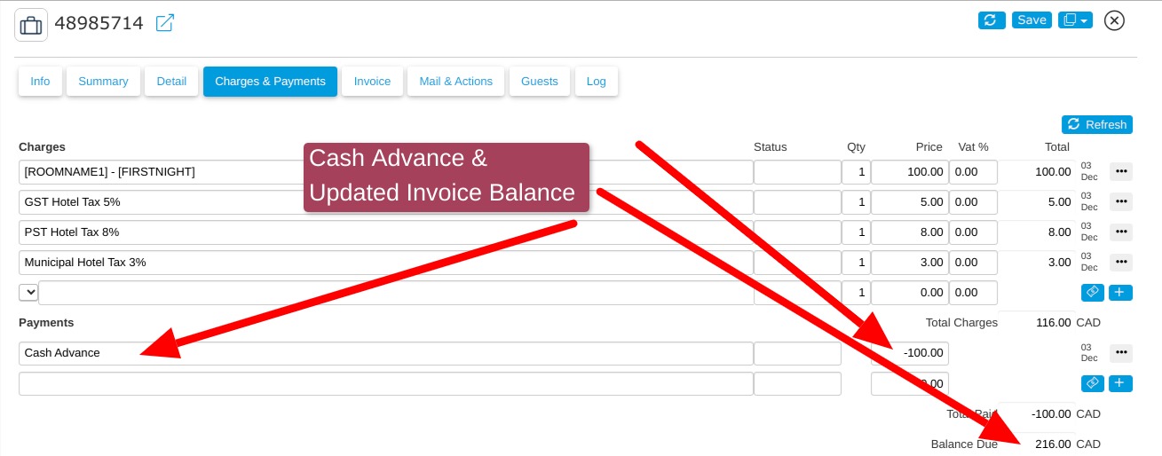 cash advance and update invoice balance to traveler